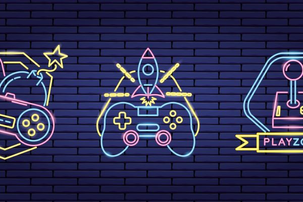 set of icons video game neon vector illustration